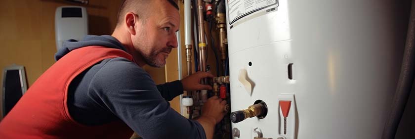 A man is pictured fixing a water heater in a kitchen. This image can be used to illustrate home maintenance or plumbing repairs.