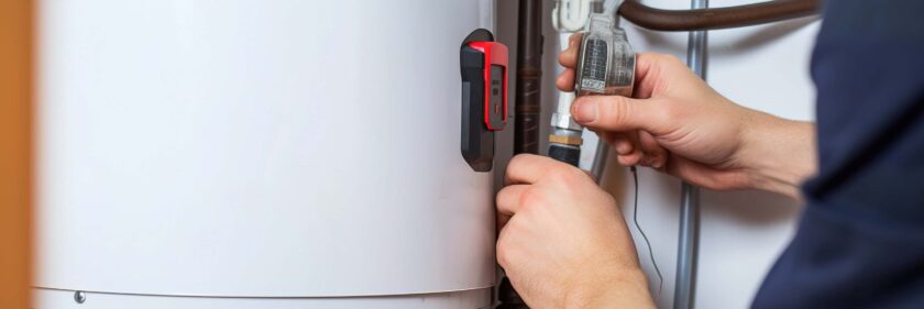 Hydraulic mechanic installer repairs an electric water heater in a house